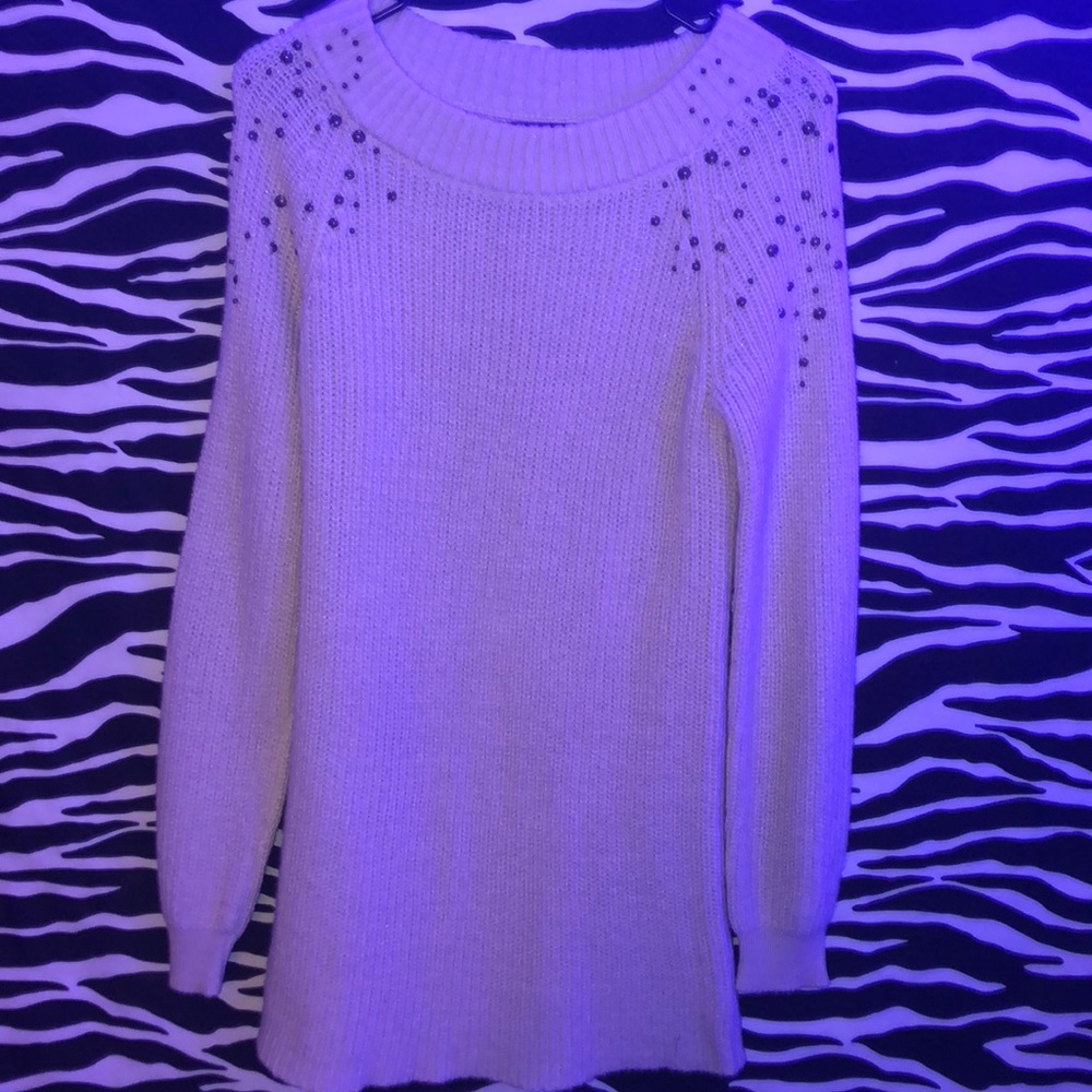 Tan Mini sweater dress with beads on the shoulders